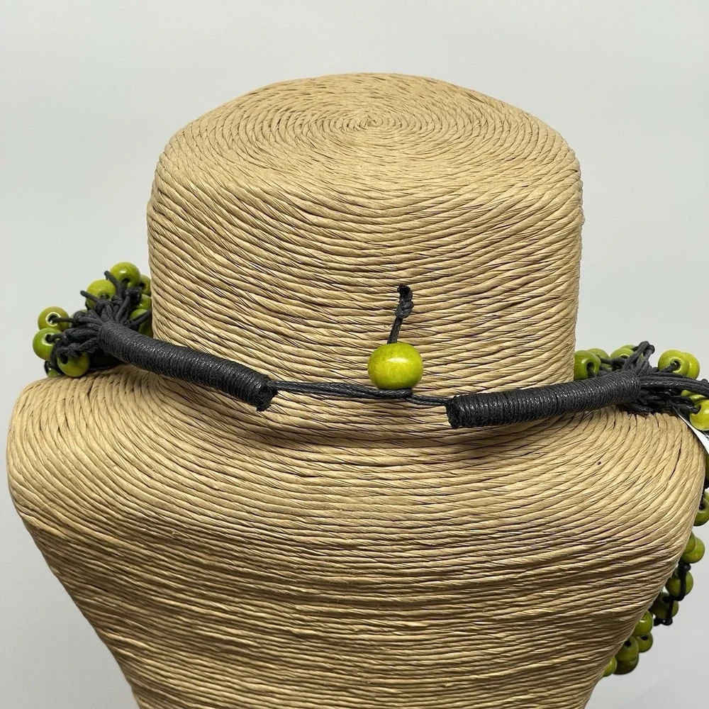 Bohemian Wooden Bead Necklace & Bracelet Set Multi Strand Chunky Lime Green